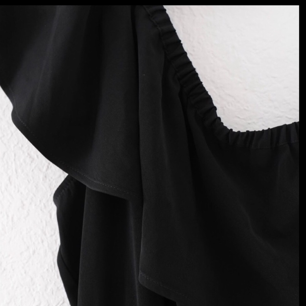 Express One Shoulder Black Mini Dress Ruffle Skater LBD Cocktail Wedding Guest - Picture 5 of 6